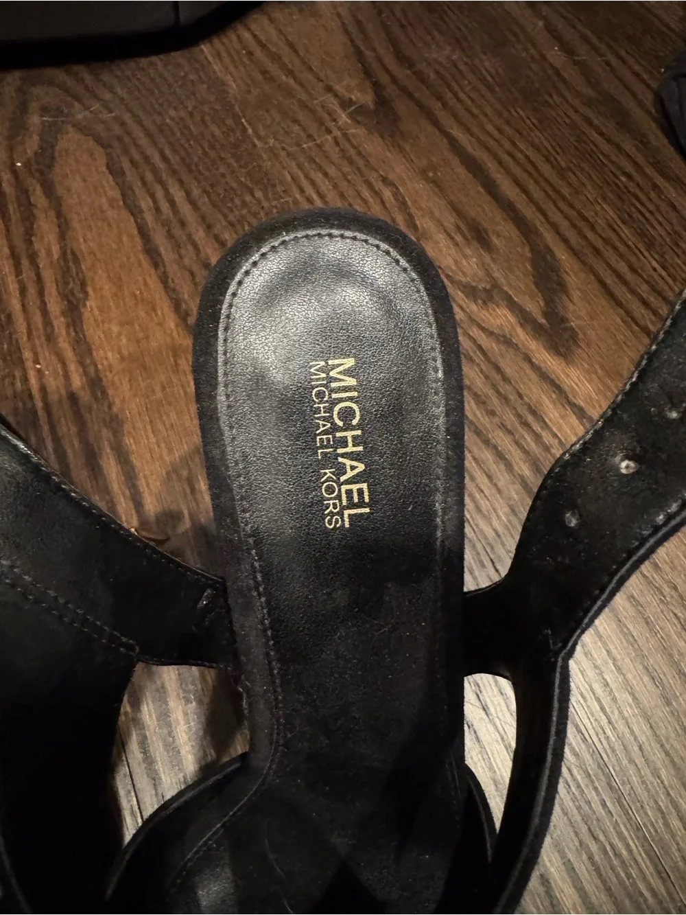 Michael Kors Black Suede Crisscross Slingback Heels with Gold Buckles